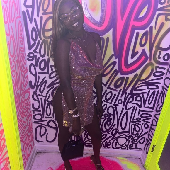 Glitter Metallic Draped Backless Split Dress - Picture 1 of 5